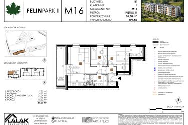 Rzut - Mieszkanie na sprzedaż 3 pokoje o powierzchni 56 m² - numer M16 w Felin Park II