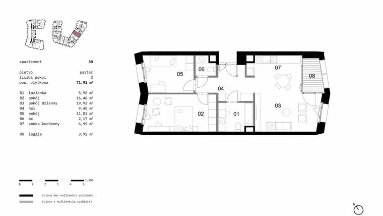 Rzut - Mieszkanie na sprzedaż 3 pokoje o powierzchni 71,91 m² - numer 80 w Solna 6