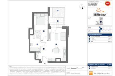 Rzut - Mieszkanie na sprzedaż 2 pokoje o powierzchni 42,48 m² - numer D33 w Osiedle Bokserska 71 Etap 2 Faza 3