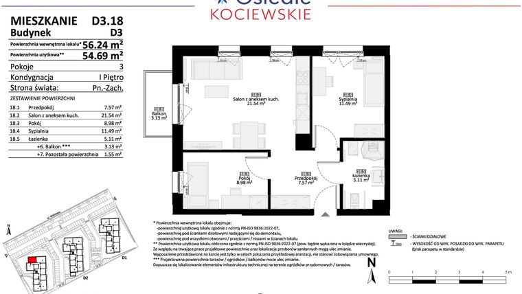 Rzut - Mieszkanie na sprzedaż 3 pokoje o powierzchni 54,69 m² - numer D3.18 w Osiedle Kociewskie etap IV