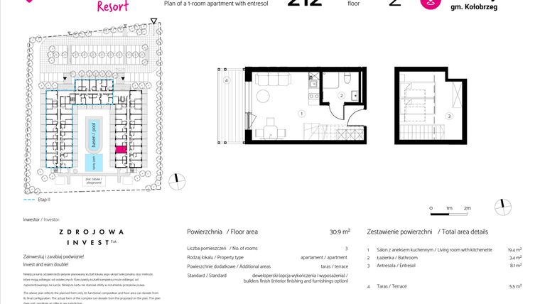 Rzut - Mieszkanie na sprzedaż 1 pokój o powierzchni 30,9 m² - numer 212 w VacationClub Resort