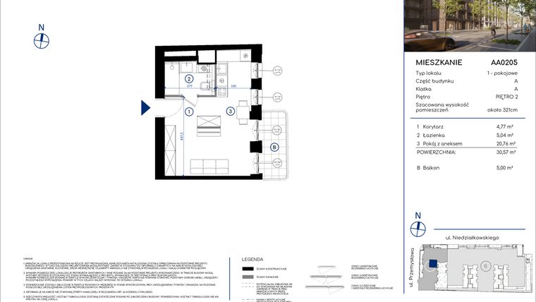 Rzut - Mieszkanie na sprzedaż 1 pokój o powierzchni 30,57 m² - numer AA0205 w Niedziałkowskiego Park