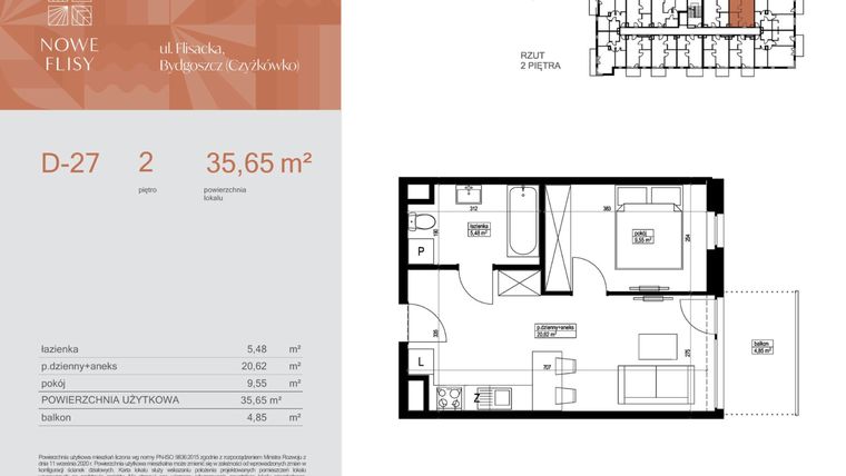 Rzut - Mieszkanie na sprzedaż 2 pokoje o powierzchni 35,65 m² - numer M27_NF.d w Nowe Flisy II