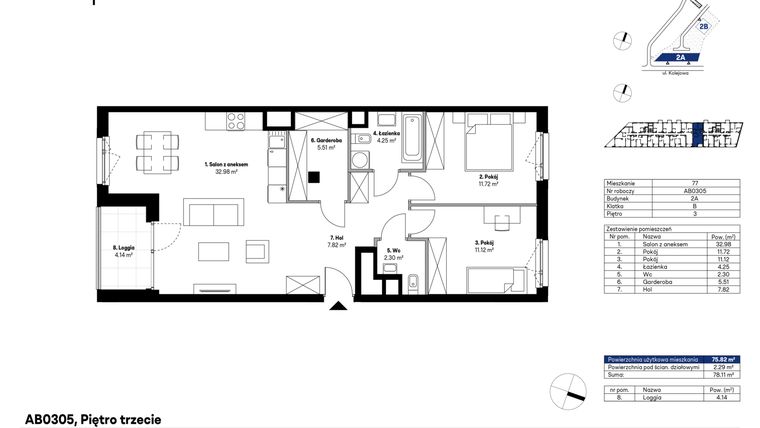 Rzut - Mieszkanie na sprzedaż 3 pokoje o powierzchni 75,59 m² - numer AB0305 w NU2 Warszawa Wola
