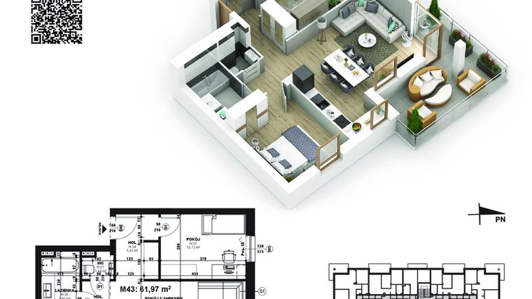 Rzut - Mieszkanie na sprzedaż 3 pokoje o powierzchni 61,97 m² - numer 43 w Piano Park etap V