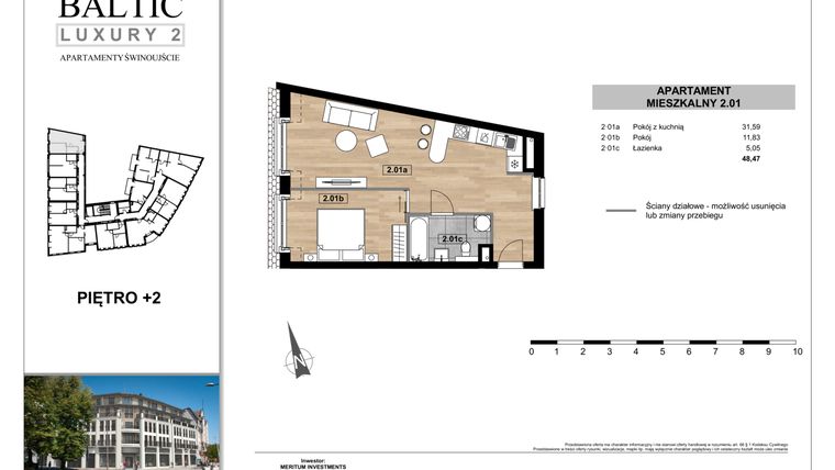 Rzut - Mieszkanie na sprzedaż 2 pokoje o powierzchni 48,47 m² - numer 2.01 w Baltic Luxury 2
