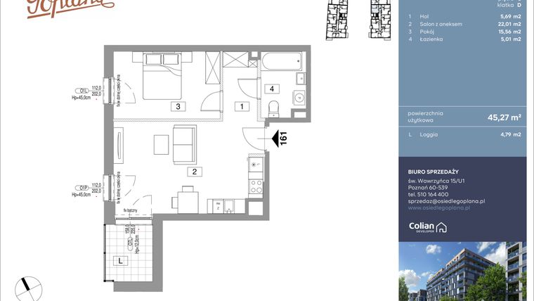 Rzut - Mieszkanie na sprzedaż 2 pokoje o powierzchni 45,27 m² - numer F161 w Goplana budynek F