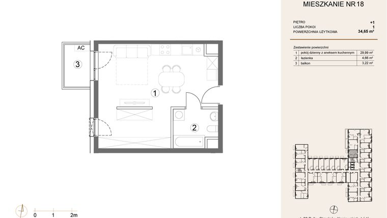 Rzut - Mieszkanie na sprzedaż 1 pokój o powierzchni 34,65 m² - numer 18 w Waterlane Vibe