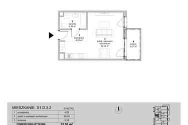 Rzut - Mieszkanie na sprzedaż 1 pokój o powierzchni 35,93 m² - numer S1.D.3.2 w ATAL Idea Swarzędz II