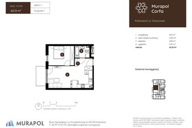 Rzut - Mieszkanie na sprzedaż 2 pokoje o powierzchni 42,13 m² - numer 1.A.1.04 w Murapol Corfa
