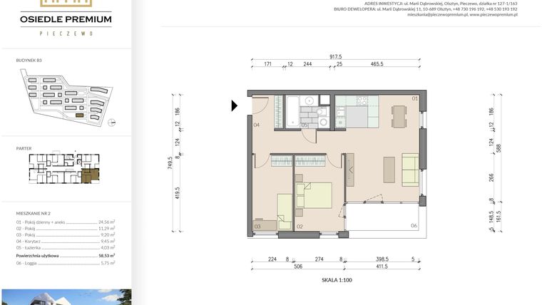 Rzut - Mieszkanie na sprzedaż 3 pokoje o powierzchni 58,53 m² - numer B3.2 w Osiedle Premium etap IV