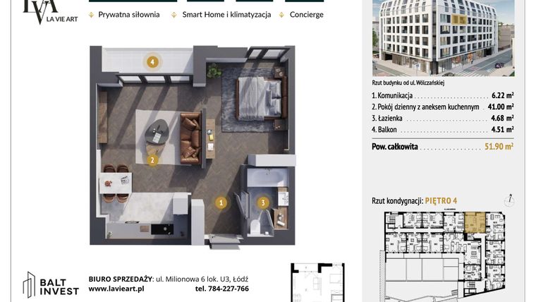 Rzut - Mieszkanie na sprzedaż 1 pokój o powierzchni 51,9 m² - numer M4.9 w La Vie Art