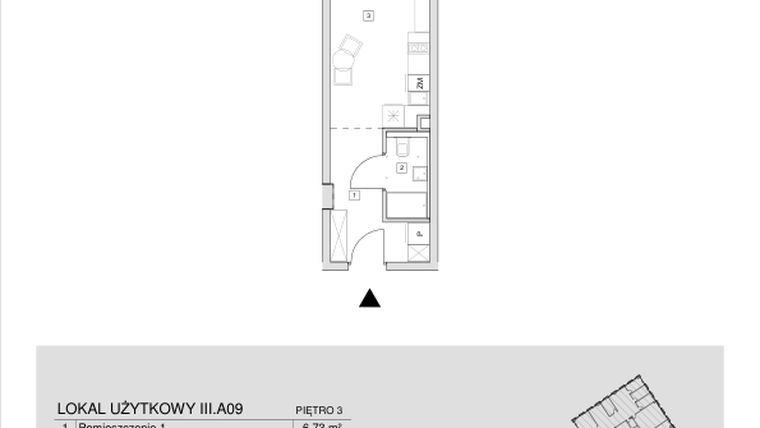 Rzut - Mieszkanie na sprzedaż 1 pokój o powierzchni 26,96 m² - numer III.A.09 w Krakowska 35 - Apartamenty Inwestycyjne