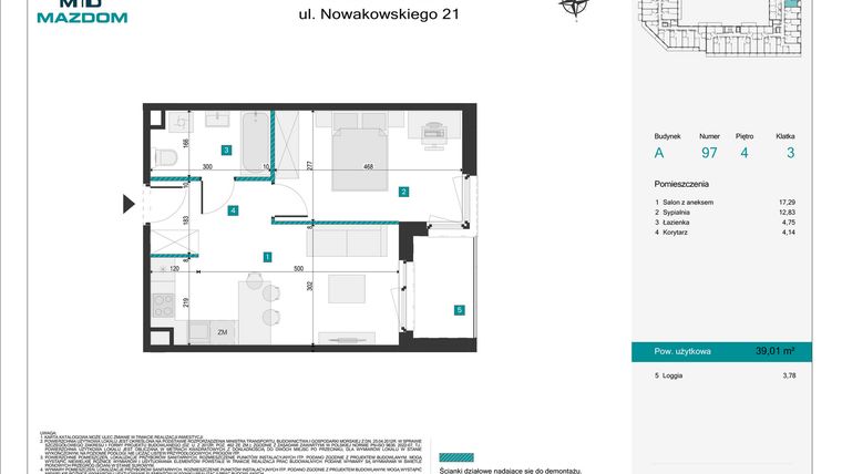 Rzut - Mieszkanie na sprzedaż 2 pokoje o powierzchni 39,01 m² - numer 97 w Błonie Vita