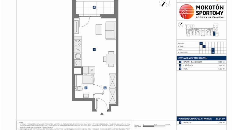 Rzut - Mieszkanie na sprzedaż 1 pokój o powierzchni 27,94 m² - numer A.59 w Mokotów Sportowy 3.1