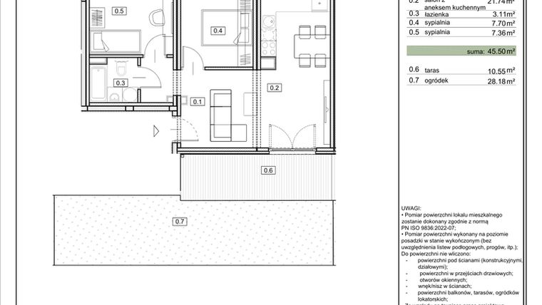 Rzut - Mieszkanie na sprzedaż 3 pokoje o powierzchni 45,5 m² - numer ZL-4.2 w Zielony Lewandów