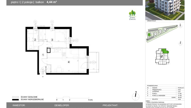 Rzut - Mieszkanie na sprzedaż 2 pokoje o powierzchni 46,49 m² - numer 13G.9 w Zielone Zamienie X