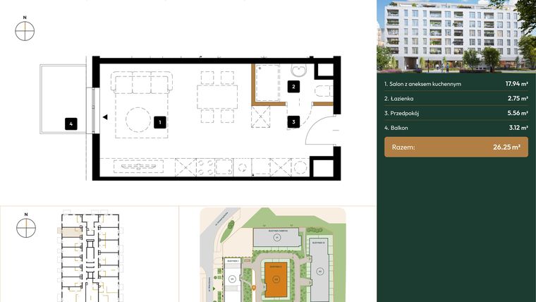 Rzut - Mieszkanie na sprzedaż 1 pokój o powierzchni 26,25 m² - numer 2.M1.08 w Wierzbowa 20