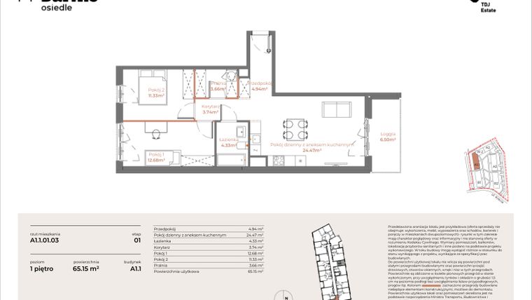 Rzut - Mieszkanie na sprzedaż 3 pokoje o powierzchni 65,15 m² - numer A1.1-01.03 w Sarnie Osiedle