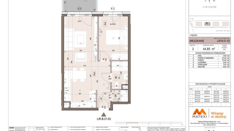 Rzut - Mieszkanie na sprzedaż 2 pokoje o powierzchni 44,85 m² - numer B.01.03 w Takt Lirników