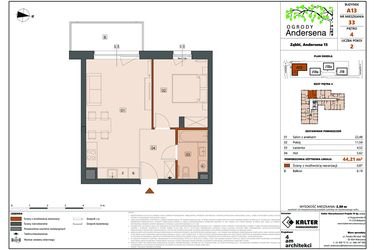 Rzut - Mieszkanie na sprzedaż 2 pokoje o powierzchni 44,21 m² - numer 33A w Ogrody Andersena