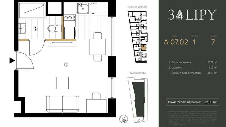 Rzut - Mieszkanie na sprzedaż 1 pokój o powierzchni 22,35 m² - numer A.07.02 w 3 lipy