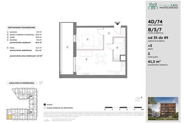 Rzut - Mieszkanie na sprzedaż 2 pokoje o powierzchni 41,55 m² - numer B/3/7 w Osiedle Mateckiego 4ALL