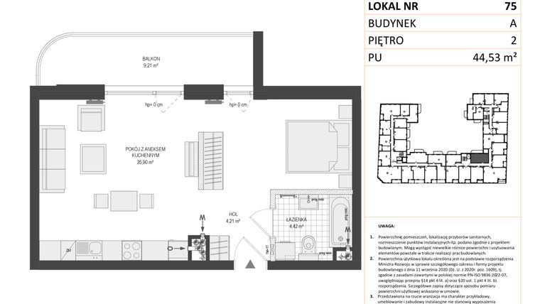 Rzut - Mieszkanie na sprzedaż 1 pokój o powierzchni 44,53 m² - numer A.75 w Esencja