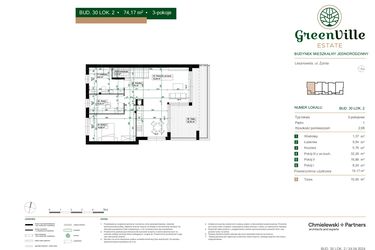 Rzut - Mieszkanie na sprzedaż 3 pokoje o powierzchni 74,17 m² - numer 30.2 w Green Ville