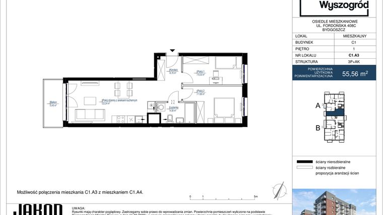 Rzut - Mieszkanie na sprzedaż 3 pokoje o powierzchni 55,56 m² - numer C1.A3 w Nowy Wyszogród etap II