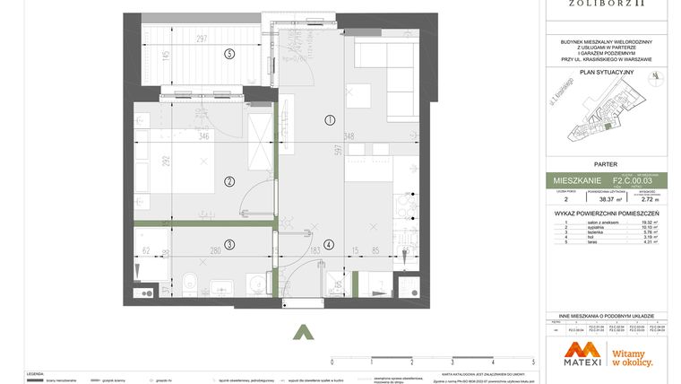 Rzut - Mieszkanie na sprzedaż 2 pokoje o powierzchni 38,37 m² - numer F2.C.00.03 w Sady Żoliborz II