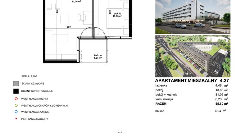 Rzut - Mieszkanie na sprzedaż 2 pokoje o powierzchni 54,15 m² - numer 4.27 w Apartamentowiec Zwycięska 3