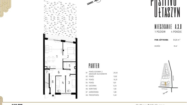 Rzut - Mieszkanie na sprzedaż 4 pokoje o powierzchni 84,84 m² - numer A.3.0 w Positivo Ołtaszyn