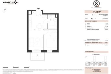 Rzut - Mieszkanie na sprzedaż 2 pokoje o powierzchni 37,22 m² - numer A/3/4.3 w Smardzewska 8
