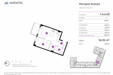 Rzut - Mieszkanie na sprzedaż 1 pokój o powierzchni 36,96 m² - numer 1.A.6.08 w Murapol Scarpa