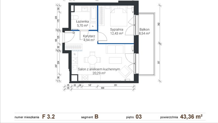 Rzut - Mieszkanie na sprzedaż 2 pokoje o powierzchni 43,36 m² - numer F 3.2 w Nowe Zabłocie