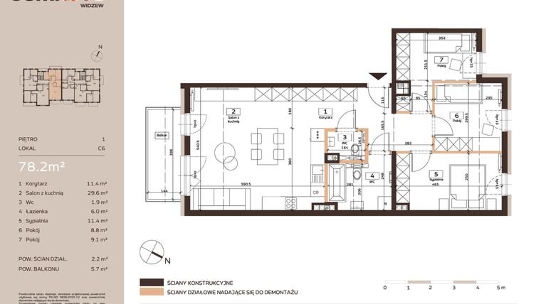 Rzut - Mieszkanie na sprzedaż 4 pokoje o powierzchni 78,2 m² - numer C6 w Domkove Widzew