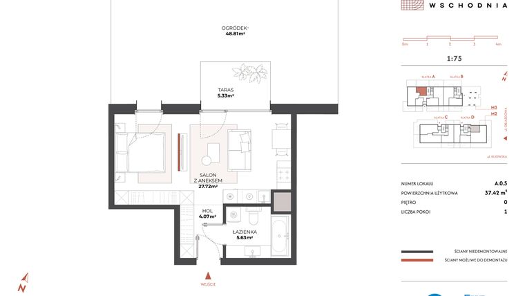 Rzut - Mieszkanie na sprzedaż 1 pokój o powierzchni 37,6 m² - numer A.0.5 w Drucianka Wschodnia