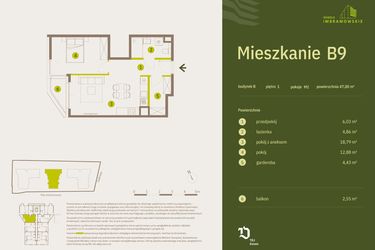 Rzut - Mieszkanie na sprzedaż 2 pokoje o powierzchni 47 m² - numer B9 w Osiedle Imbramowskie