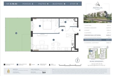 Rzut - Mieszkanie na sprzedaż 2 pokoje o powierzchni 45,33 m² - numer 3.1B.02 w Astelia Park etap 1A i 3