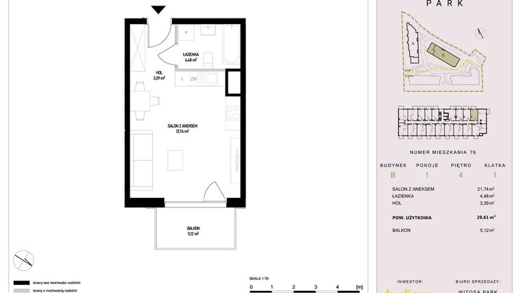 Rzut - Mieszkanie na sprzedaż 1 pokój o powierzchni 29,61 m² - numer B76 w Witosa Park
