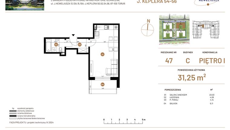 Rzut - Mieszkanie na sprzedaż 1 pokój o powierzchni 31,25 m² - numer JAR-III-C-LM-M47 w Osiedle JAR Heweliusza etap III