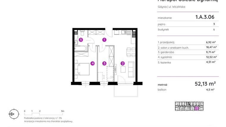 Rzut - Mieszkanie na sprzedaż 2 pokoje o powierzchni 52,13 m² - numer 1.A.3.06 w Murapol Osiedle Dynamiq