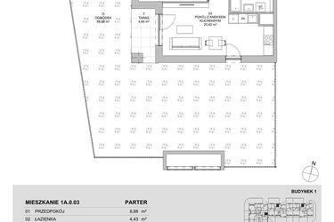Rzut - Mieszkanie na sprzedaż 2 pokoje o powierzchni 44,46 m² - numer 1A.0.03 w Francuska Park VIIIB
