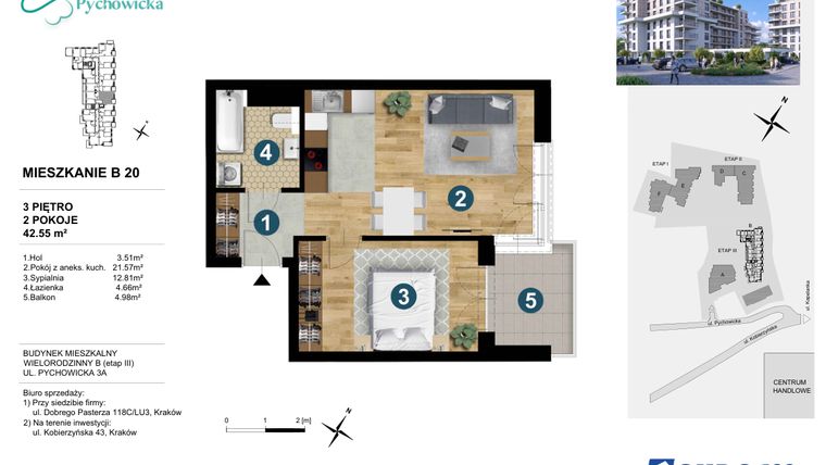 Rzut - Mieszkanie na sprzedaż 2 pokoje o powierzchni 42,55 m² - numer B20 w Kapelanka-Pychowicka Etap III