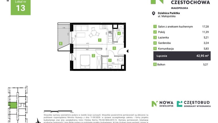 Rzut - Mieszkanie na sprzedaż 2 pokoje o powierzchni 42,95 m² - numer C13 w Nowa Częstochowa Małopolska