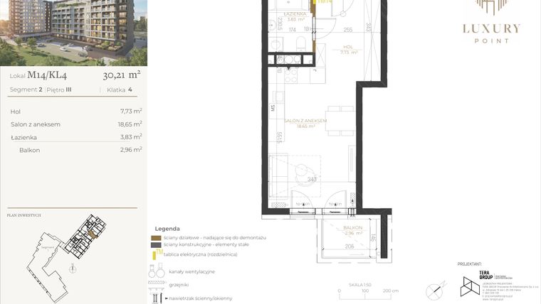 Rzut - Mieszkanie na sprzedaż 1 pokój o powierzchni 30,21 m² - numer M14/KL4 w LUXURY POINT