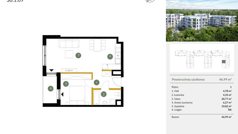 Rzut - Mieszkanie na sprzedaż 2 pokoje o powierzchni 46,99 m² - numer S6.1.09 w Ogrody Julianów