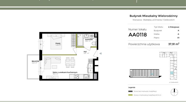 Rzut - Mieszkanie na sprzedaż 2 pokoje o powierzchni 37,91 m² - numer AA0118 w Orneko