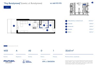 Rzut - Mieszkanie na sprzedaż 1 pokój o powierzchni 32,63 m² - numer 33A w Przy Bursztynowej
